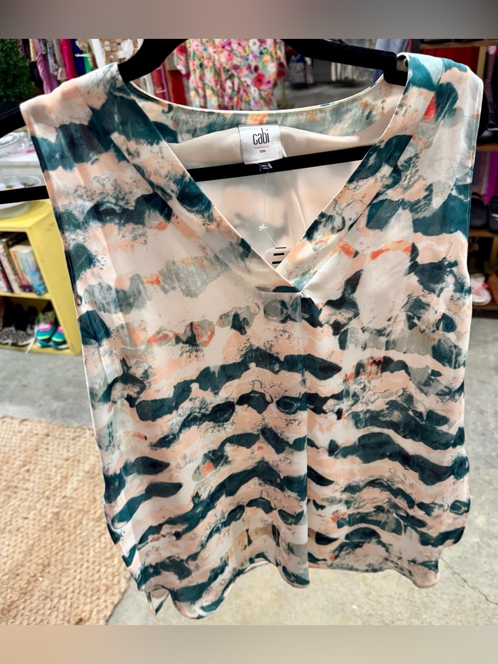 CAbi Teal & Blush Abstract V-Neck Shell Top